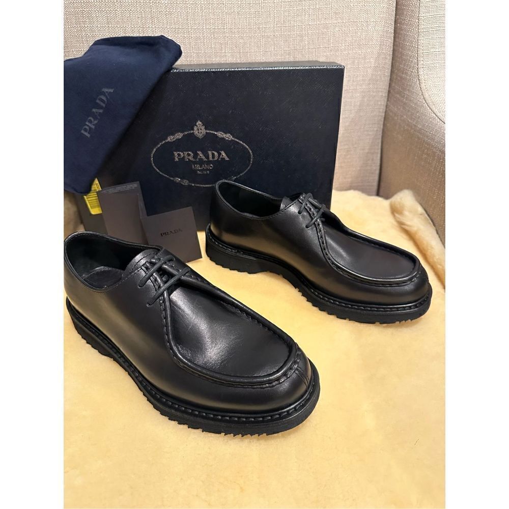 Prada Men’s brushed leather lace-up black loafers Sz US 5,5/ EU 38,5-39 NIB
